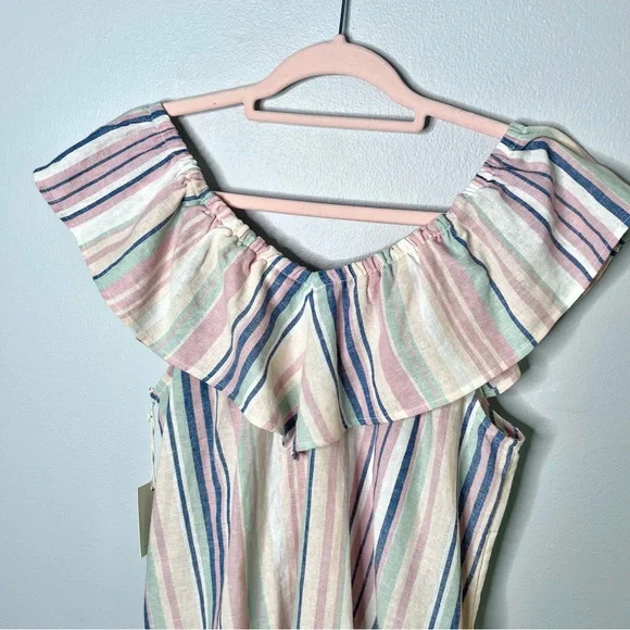 Ava James NWT Linen Blend Off The Shoulder Blouse Sz M Pastel Striped Pink Blue - Picture 5 of 10